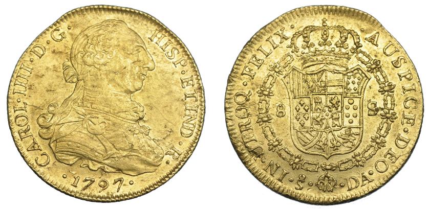 1123   -  CARLOS IV. 8 escudos. 1797. Santiago. DA. VI-1421. Hojitas. R.B.O. MBC+/EBC-.