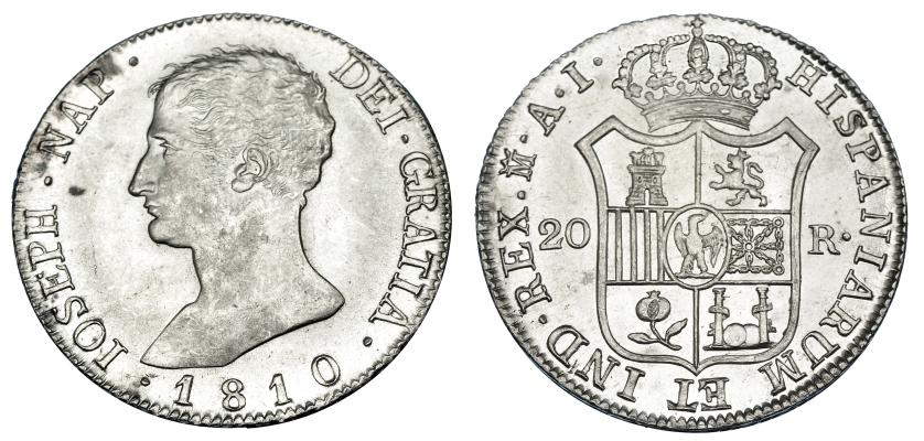1126   -  JOSÉ NAPOLEÓN. 20 reales. 1810. Madrid. AI águila grandes. VI-31. Dos manchitas. Pleno B.O. SC.
