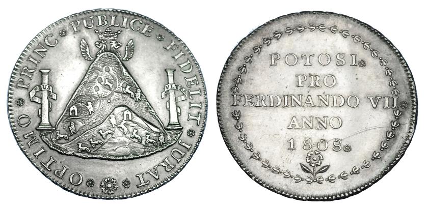1128   -  FERNANDO VII. Medalla de Proclamación. 1808. Potosí. AC. 39 mm. H-50. Fina raya. EBC. Escasa.