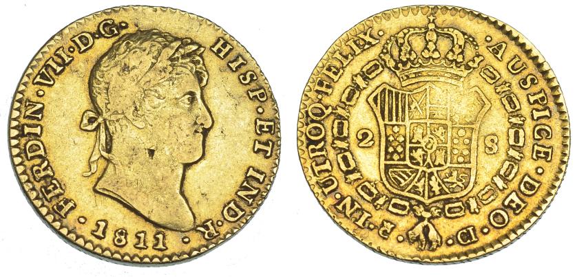 1138   -  FERNANDO VII. 2 escudos. 1811. Cádiz. CI. VI-130A. Marca de ceca pequeña. Hojita en anv. MBC-. Escasa.