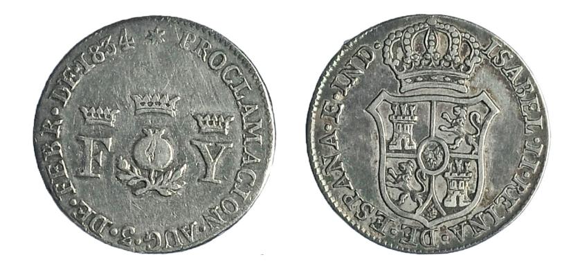 1147   -  ISABEL II. Lote 2 Medallas de Proclamación. 1834. Granada. AR. 19 mm. MBC.