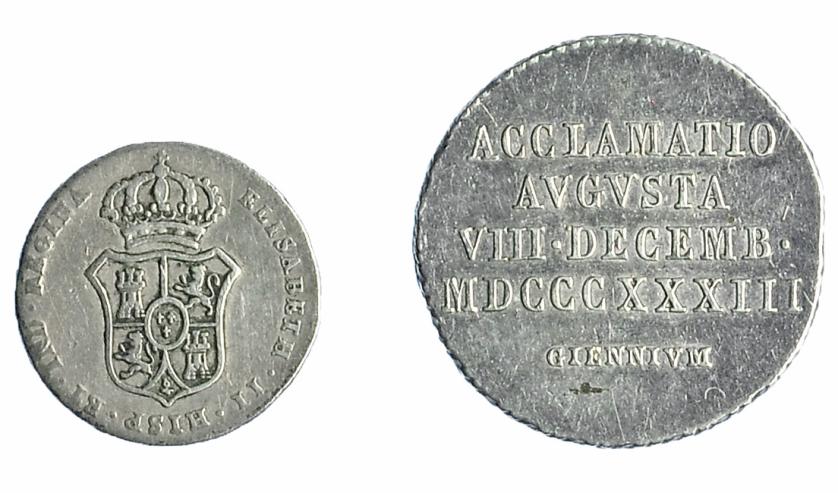 1149   -  ISABEL II. Lote de 2 medallas de Proclamación. 1833. Jaén. AR. Módulos real y 1/2 real. H-17 y 18. MBC+/MBC.