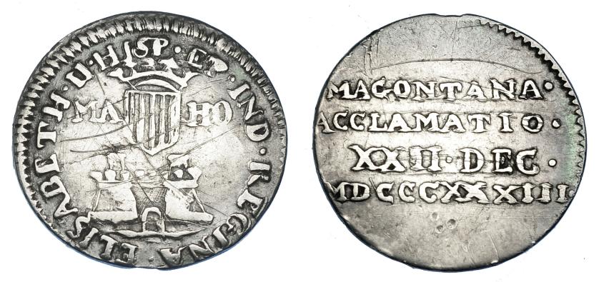 1151   -  ISABEL II. Medalla de Proclamación. 1834. Mahón. AR 21 mm. H-25. Finas rayas. MBC. Escasa.
