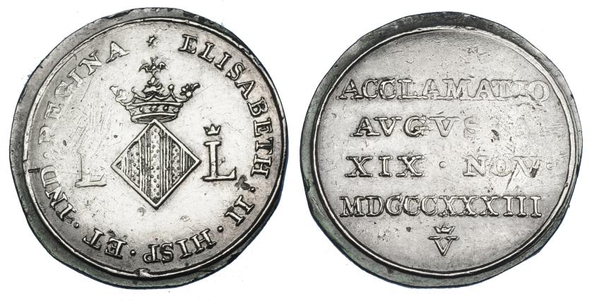 1156   -  ISABEL II. Medalla de Proclamación. 1833. Valencia. AR 21 mm. H-35. Pequeñas marcas. MBC.