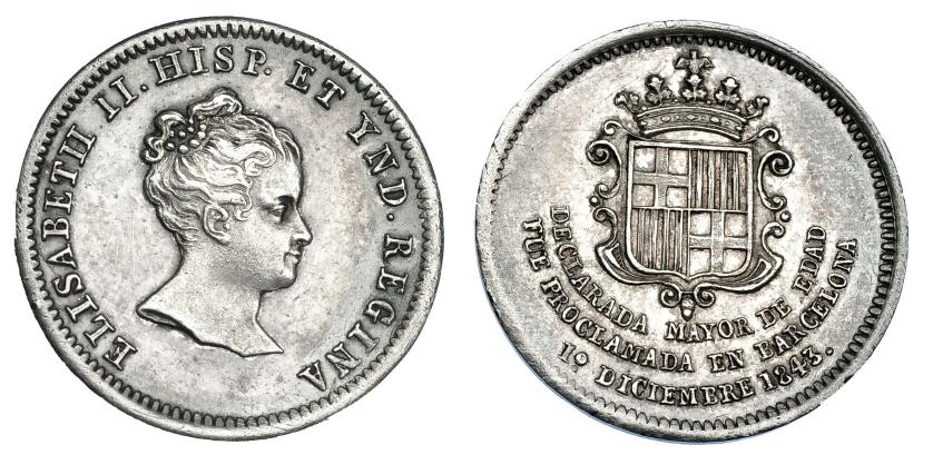1158   -  ISABEL II. Medalla Mayoría de edad. 1843. Barcelona. AR 24 mm. H-3. MBC+/EBC-.