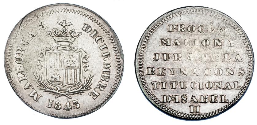 1162   -  ISABEL II. Medalla Mayoría de edad. 1843. Palma de Mallorca. AR 22 mm. H-11. MBC+.
