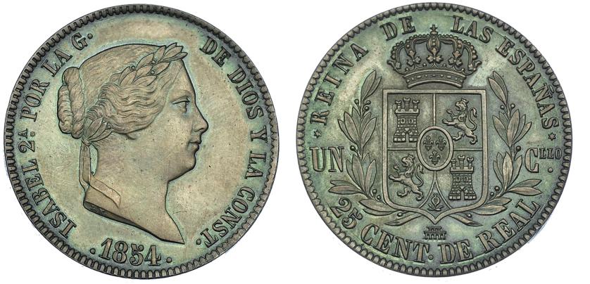 1174   -  ISABEL II. 25 céntimos de real. 1854. Segovia. VI-145. SC. En estuche de madera. Rara en esta conservación.