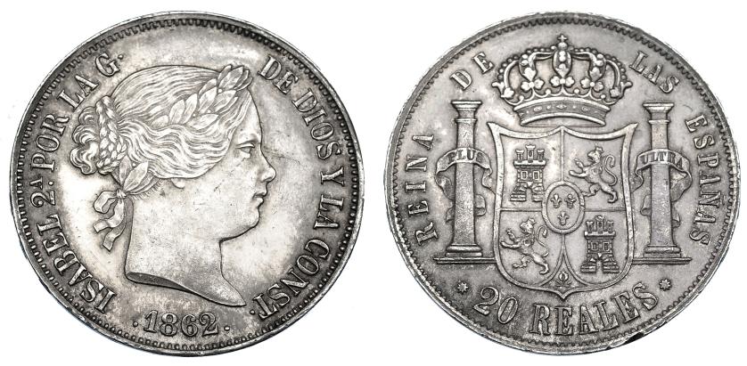 1179   -  ISABEL II. 20 reales. 1862. Barcelona. VI-491. Pequeñas marcas. Ligera pátina. Golpecito en gráfila. EBC. Muy rara. Ex Cayón V-2013, lote 686.
