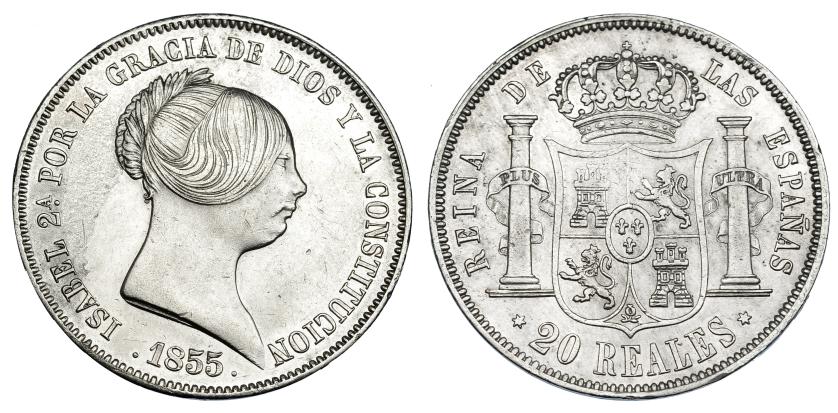 1180   -  ISABEL II. 20 reales. 1855. Madrid. VI-511. Levísimas oxidaciones limpiadas. Vano en rev.
