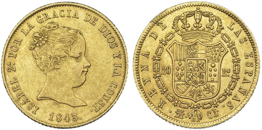 1186   -  ISABEL II. 80 reales. 1843. Madrid. CL. VI-601. MBC+/EBC-. Escasa.