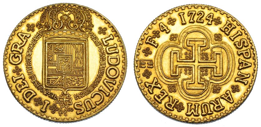 1187   -  ISABEL II. 4 escudos 1724. Segovia F a nombre de Luis I. Fantasía del s. XIX. AU 21,67 g. SC.