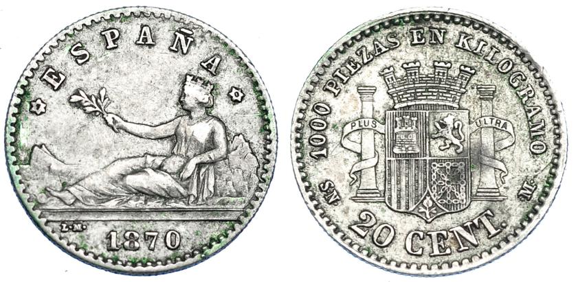 1188   -  GOBIERNO PROVISIONAL. 20 céntimos. 1870*7-0. Madrid. SNM. VII-9. MBC. Rara.