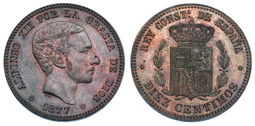 1192   -  ALFONSO XII. 10 céntimos. Barcelona, sin OM. VII-no. Puntito de óxido en la nariz. R.B.O. SC. Muy rara.