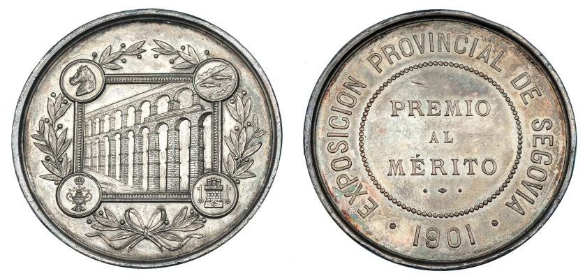 1197   -  ALFONSO XIII. Medalla Exposición Provincial de Segovia. Premio al Mérito. 1901. AR 49 mm. MPN-no. Golpecitos en canto. EBC+.