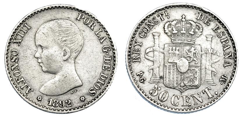 1198   -  ALFONSO XIII. 50 céntimos. 1892 *2-2. Madrid. PGM. VII-141.2. MBC. Escasa.