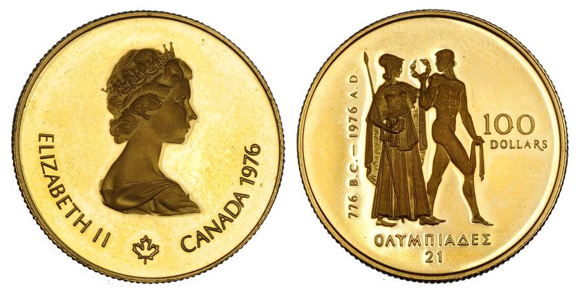 1219   -  CANADÁ. 100 dólares. 1976. AU 16,96 g. 917 milésimas. Prueba. En estuche original. 