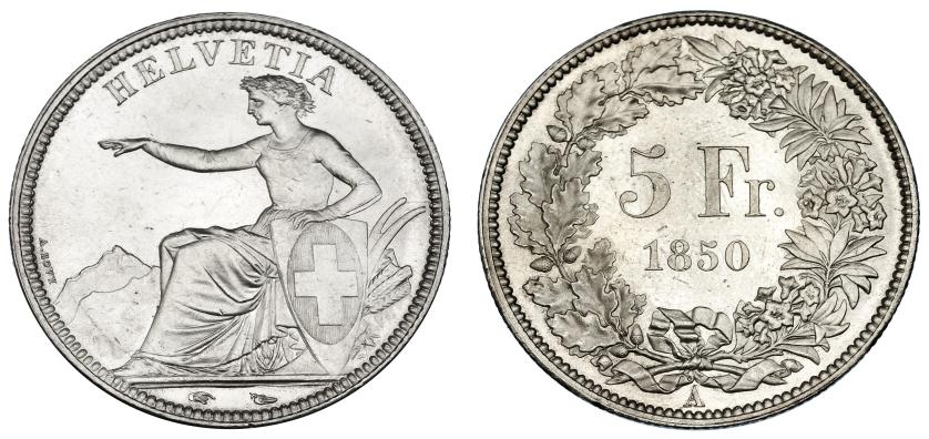 1260   -  SUIZA. 5 francos. 1850 A. KM-11. B.O. SC. Rara en esta conservación.