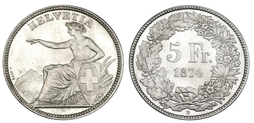 1261   -  SUIZA. 5 francos. 1874 B. KM-11. B.O. SC. Rara en esta conservación.