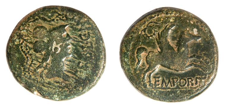 142   -  EMPORIAE. As. Finales s. I a.C.-I d. C. A/ Cabeza de Minerva a der., delante C S B L C M Q. Contramarca R retrógrada. R/ Pegaso a der., encima corona, debajo EMPORIT. AE 13,61 g. 28 mm. RPC-S5 249/15, esta moneda. APRH-249b. ACIP-1085. CC-4527, mismo ejemplar. Pátina verde. BC+. Muy rara.
