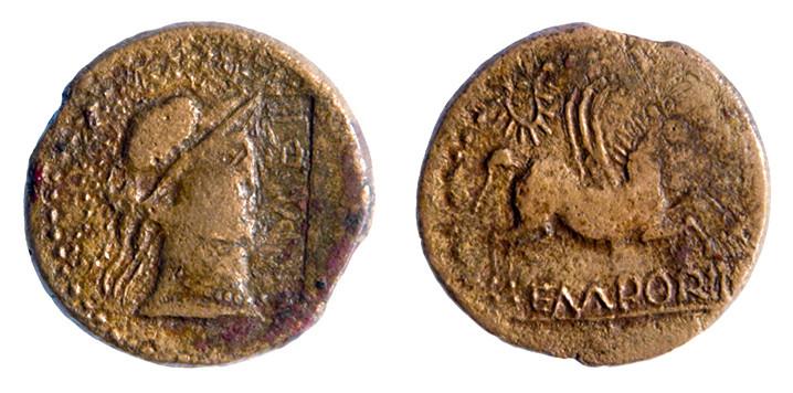 147   -  EMPORIAE. As. Finales s. I a.C.-I d. C. A/ Cabeza de Minerva a der., delante (CTQ C CA-Q). Contramarca RIMI EST. R/ Pegaso a der., encima corona, debajo EMPORII. AE 7,82 g. 27 mm. RPC-253. APRH-253, esta moneda ilustrada. ACIP-1092. CC-4532, mismo ejemplar. BC+. Rarísima.