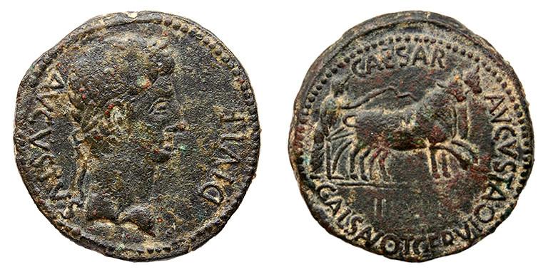 245   -  CAESARAUGUSTA. As. Augusto. A/ Cabeza laureada a der.; AVGVSTVS DIVI F. R/ Yunta fundacional a der., debajo II VIR, alrededor CAESAR AVGVSTA/C ALSANO T CERVIO. AE 14,78 g. 29 mm. RPC-306. APRH-306a. ACIP-3029. CC-4689, mismo ejemplar. Pátina oscura. MBC-/MBC. Rara.