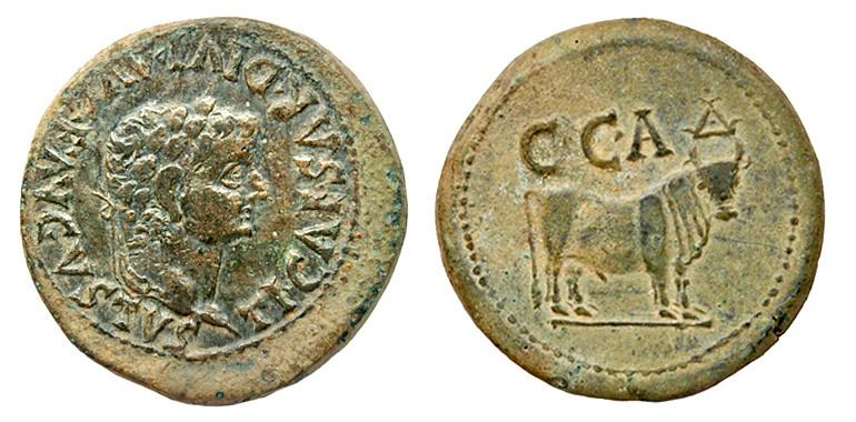 287   -  CAESARAUGUSTA. As. Tiberio. A/ Cabeza laureada a der.; TI CAESAR DIVI AVG F AVGVSTVS. R/ Toro mitrado a der.; encima C C A. AE 16,39 g. 30 mm. RPC-334. APRH-334. ACIP-3060. CC-4745, mismo ejemplar. Pátina verde. MBC. Escasa.