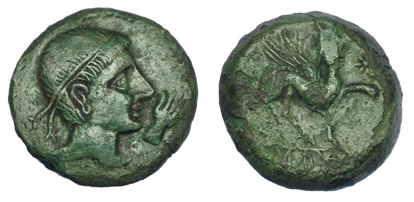 350   -  HISPANIA ANTIGUA. CASTULO. As. A/ Cabeza masculina diademada con ínfulas a der., delante símbolo mano. R/ Esfinge a der., encima estrella, bajo línea (Ka)Sti(LO). AE 13,10 g. 25,9 mm. ACIP-2143. I-701. Bonita pátina verde. MBC/BC.