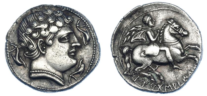 360   -  HISPANIA ANTIGUA. ILTIRTASALIRBAN. Denario. A/ Cabeza masculina a der., alrededor tres delfines. R/ Jinete con palma y clámide a der.; debajo ley. ILTiRTaSALIRBaN. AR 4,05 g. 19,4 mm. ACIP-1234. I-1455. Bonita acuñación. EBC-. Muy rara.