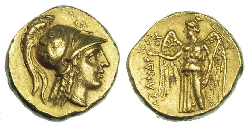 385   -  GRECIA ANTIGUA. MACEDONIA. Alejandro III. Estátera. (336-323 a.C.). A/ Cabeza de Atenea a der. con casco corintio decorado con grifo. R/ Nike a izq. con corona, debajo a der. palma; (A)LEXANDROU. AU 8,12 g. 16,7 mm. PR-3470. SBG-6706. Marcas en canto. EBC-.