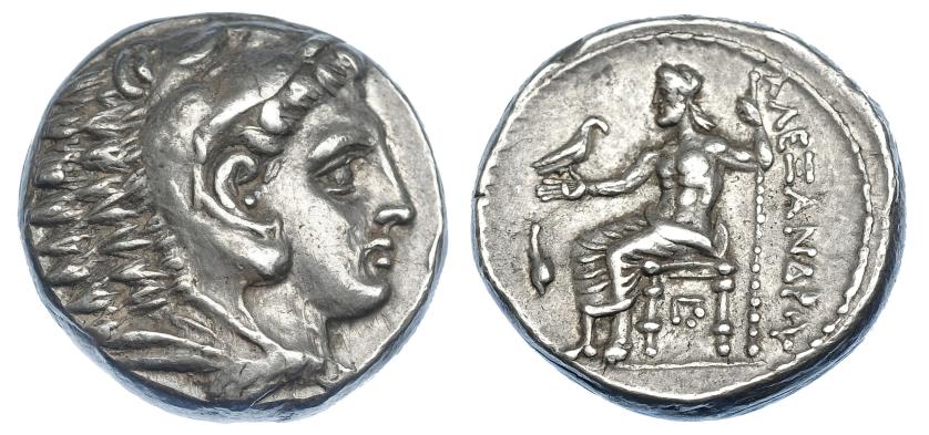 386   -  GRECIA ANTIGUA. MACEDONIA. Alejandro III. Tetradracma. Anfípolis (336-323 a.C.). A/ Cabeza de Heracles con leonté a der. R/ Zeus entronizado a izq., delante delfín, debajo del trono monograma, detrás ley. griega. AR 17,23 g. 24,3 mm. PR-133. MBC+.