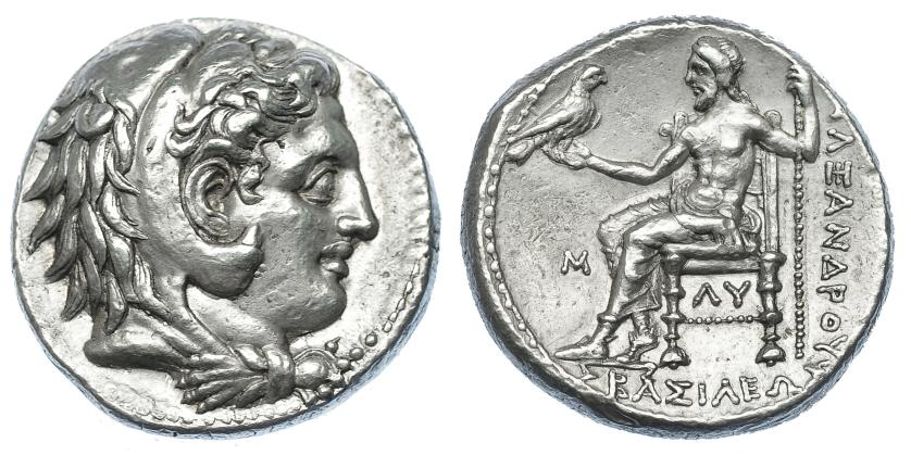 387   -  GRECIA ANTIGUA. MACEDONIA. Alejandro III (emisiones póstumas). Tetradracma. Babilonia (323-320 a.C.). A/ Cabeza de Heracles con leonté a der. R/ Zeus entronizado a izq., delante M, debajo del trono LY, detrás ley. griega. AR 17,23 g. 25,9 mm. PR-3692. EBC-.