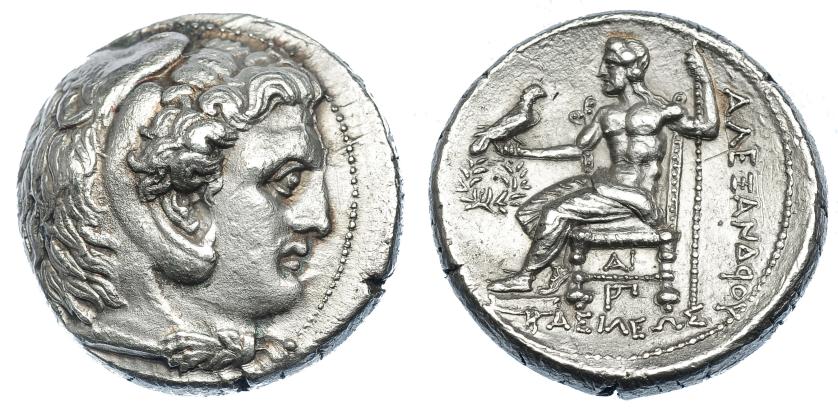 388   -  GRECIA ANTIGUA. MACEDONIA. Alejandro III (emisiones póstumas). Tetradracma. Susa (316-311 a.C.). A/ Cabeza de Heracles con leonté a der. R/ Zeus entronizado a izq., delante Y, debajo del trono AI sobre monograma, detrás ley. griega. AR 17,13 g. 25,5 mm. PR-3857. EBC.