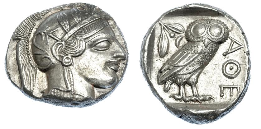 390   -  GRECIA ANTIGUA. ÁTICA. Atenas. Tetradracma (454-404 a.C.). A/ Cabeza de Atenea con casco ornamentado a der. R/ Lechuza a der. mirando de frente, detrás rama de olivo, todoe dentro de cuadrado incuso; AQE. AR 17,21 g. 25,9 mm. COP-31-40. EBC.