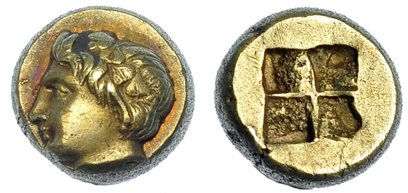 393   -  GRECIA ANTIGUA. JONIA. Focea. Hekte (377-326 a.C.). A/ Cabeza de Dionisos a izq. R/ Cuadrado incuso cuatripartito. El 2,54 g. 9,2 mm. COP-1026. SBG-No. MBC+.