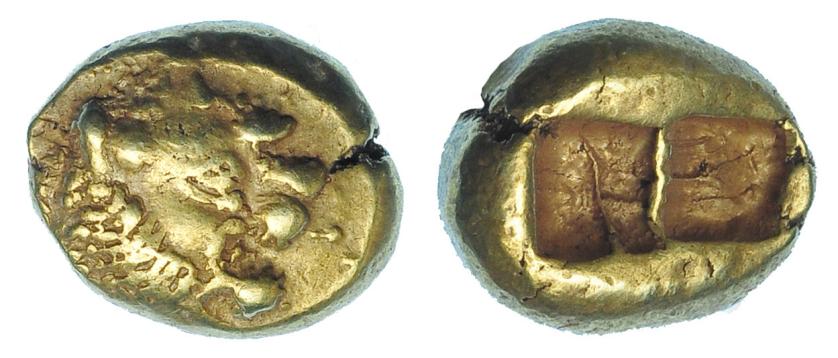 394   -  GRECIA ANTIGUA. LIDIA. 1/3 estátera. (siglo VII a.C.). A/ Cabeza de león rugiendo a der. R/ Doble cuadrado incuso. AU 4,74 g. 12,6 mm. COP-449-451. SBG-3398. Cospel abierto. MBC.