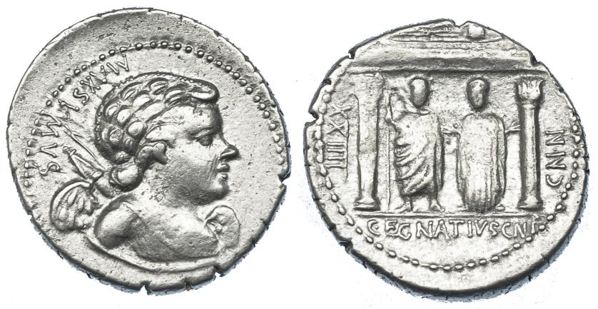 410   -  REPÚBLICA ROMANA. EGNATIA. Denario. Roma (75 a.C.). A/ Busto de Cupido a der. con arco y carcaj; MAXSVMVS. R/ Júpiter y Libertas de frente bajo templo dístilo; a izq. XXIIII, a der. CN N, exergo C. EGNATIVS CN F. AR 4,06 g. 20,01 mm. CRAW-391.2. FFC-691. MBC+/MBC. Muy escasa. 