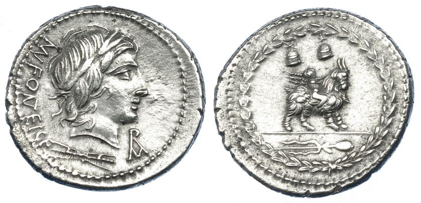 411   -  REPÚBLICA ROMANA. FONTEIA. Denario. Roma (85 a.C.). A/ Cabeza de Apolo, delante ROMA en monograma y detrás MN FONTEI  CF. AR 3,84 g. 21,2 mm. CRAW-353.1a. FF-717. Leves oxidaciones limpiadas. MBC+/EBC-.