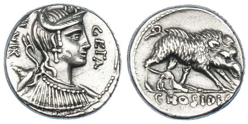 412   -  REPÚBLICA ROMANA. HOSIDIA. Denario. Sur de Italia (68 a.C.). A/ Busto de Diana a der. con arco y carcaj; GETA III VIR. R/ Jabalí a der. sin flecha, atacado por un perro; C HOSISI (CF). AR 3,89 g. 16,1 mm. CRAW-407.2b. FFC-750. Rayita en anv. y dos pequeños golpes en anv. y rev. EBC-. Rara.