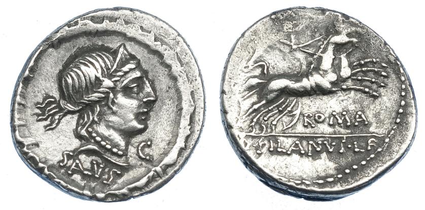 413   -  REPÚBLICA ROMANA. JUNIA. Denario. Roma (91 a.C.). A/ Letra C delante de la cabeza de Salus; SALVS. AR 3,98 g. 18,2 mm. CRAW-337.2c. FFC-782. MBC+/MBC.