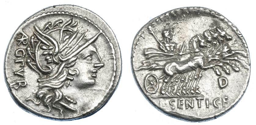 419   -  REPÚBLICA ROMANA. SENTIA. Denario. Roma (101 a.C.). R/ Letra D debajo de la cuadriga. AR 3,97 g. 20,5 mm. CRAW-325.1b. FFC-1108. EBC-.