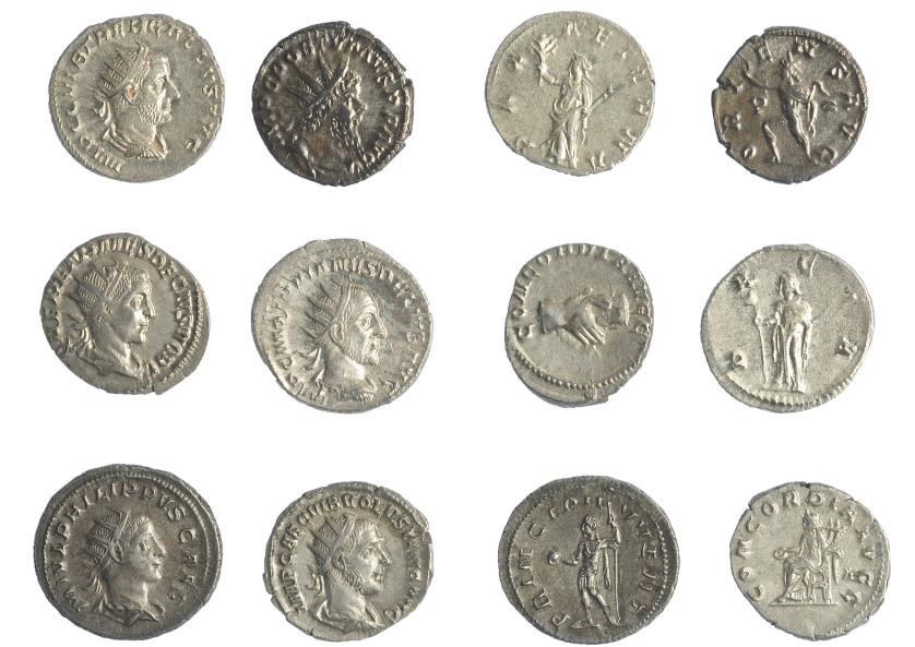 439   -  IMPERIO ROMANO. Lote de 6 antoninianos: Filipo II, Trajano Decio, Herenio Etrusco, Treboniano Galo, Volusiano y Póstumo. MBC/EBC.