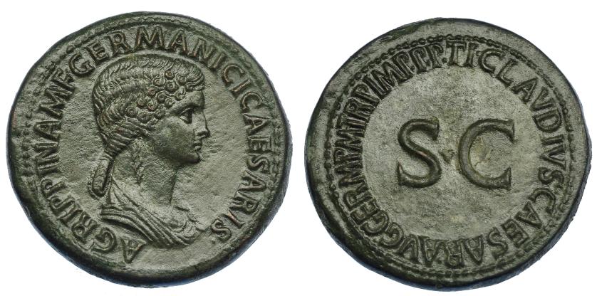 445   -  IMPERIO ROMANO. AGRIPINA LA MAYOR (esposa de Germánico). Sestercio. Roma (42-43 d.C.). A/ Busto drapeado a der.; AGRIPPINA M F GERMANICI CAESARIS. R/ SC, alrededor TI CLAVDIVS CAESAR AVG GERM P M TR P IMP P P. AE 29,22 g. 36,7 mm. RIC-102. Pátina verde oliva. EBC-. Rara.