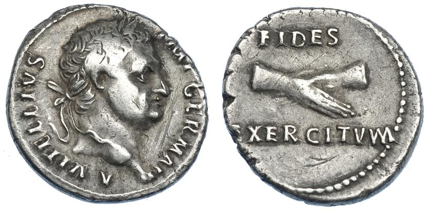 453   -  IMPERIO ROMANO. VITELIO. Denarrio. Tarraco (69 d.C.). A/ Cabeza laureada a der. con globo en la parte inferior; A VITELLIVS IMP GERMAN. R/ Manos saludándose; FIDES EXERCITVM. AR 3,56 g. 18 mm. RIC-27. Rayas en anv. y rev. MBC. Rara.