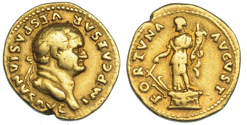 455   -  IMPERIO ROMANO. VESPASIANO. Áureo. Roma (74 d.C.). A/ Cabeza laureada a der.; IMP CAESAR VESPASIANVS AVG. R/ Fortuna con timón y cornucopia a izq. sobre base decorada con corona y cabezas de carnero; FORTVNA AVGVST. AU 7,22 g. 20,4 mm. RIC-699. Cospel abierto. MBC-. Escasa.