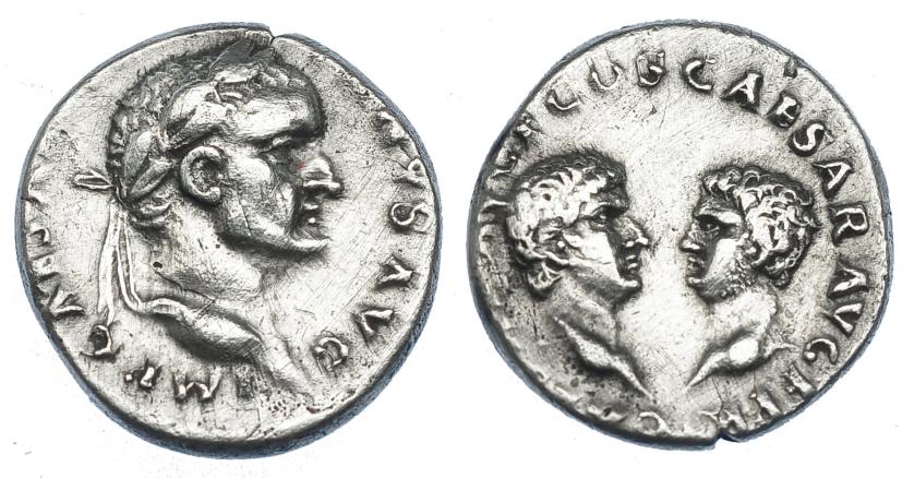 458   -  IMPERIO ROMANO. VESPASIANO. Denario. Roma (70 d.C.). A/ Cabeza laureada a der. R/ Cabezas afrontadas de Tito y Domiciano; (CAESAR) AVG F COS CAESAR AVG F P R. AR 3,40 g. 17,3 mm. RIC-16. MBC. Muy escasa.