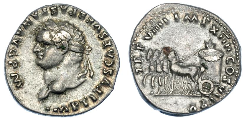 460   -  IMPERIO ROMANO. TITO. Denario. Roma (79 d.C.). A/ Busto laureado a izq.; IMP TITVS CAES VESPASIAN AVG P M. R/ Cuadriga a izq. Con guirnaldas y flor; TR P VIIII IMP XIIII COS VII P P. AR 3,05 g. 18,1 mm. RIC-26. Ligera pátina. MBC. Muy rara.