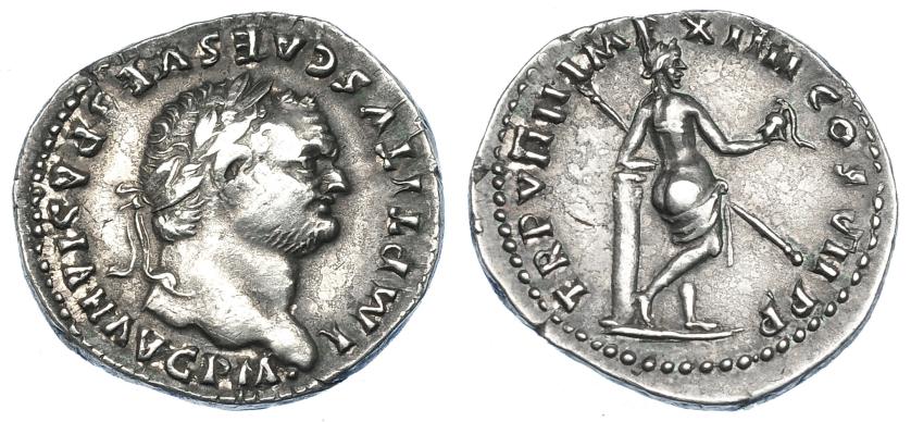 461   -  IMPERIO ROMANO. TITO. Denario. Roma (79 d.C.). A/ Cabeza laureada a der.; IMP TITVS CAES VESPASIAN AVG P M. R/ Venus con casco y lanza, semidesnuda y apoyada en columna; TR P VIIII IMP XIIII COS VII P P. AR 3,42 g. 19,4 mm. MBC+. EBC-. 