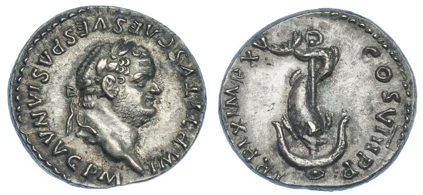 462   -  IMPERIO ROMANO. TITO. Denario. Roma (80 d.C.). A/ Cabeza laureada a der.; IMP TITVS CAES VESPASIAN AVG P M. R/ Delfín enroscado en ancla; TR P IX IMP XV COS VIII P P. AR 3,35 g. 17,7 mm. RIC-112. Pátina gris. EBC. Escasa.