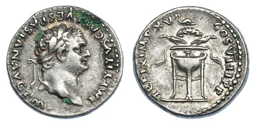 464   -  IMPERIO ROMANO. TITO. Denario. Roma (80). A/ Busto laureado a der., IMP TITVS CAES VESPASIAN AVG P M. R/ Delfín a der. sobre trípode; TR P IX COS VIII P P. AR 3,08 g. 17,3 mm. RIC-128. Leve oxidación en anv. MBC/MBC+. Escasa.