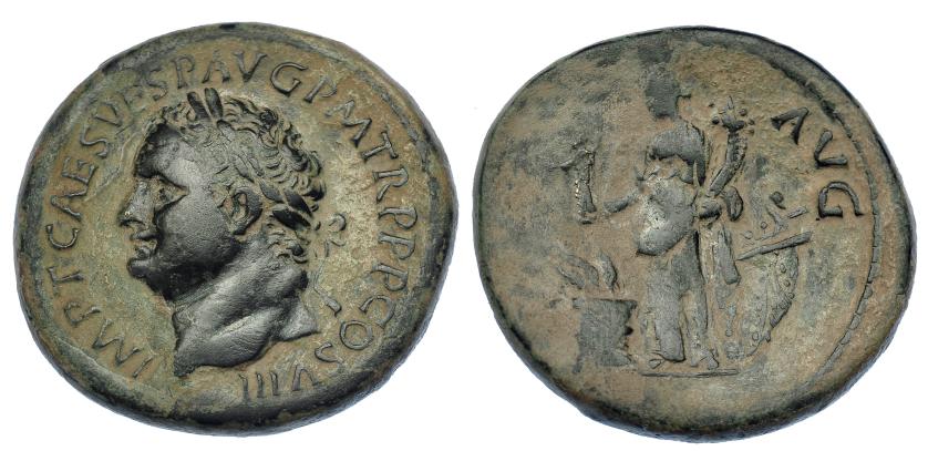 466   -  IMPERIO ROMANO. TITO. Sestercio. Roma (80-81). A/ Cabeza laureada a izq.; IMP T CAES VESP AVG P M TR P P P COS VIII. R/ Annona sosteniendo a Aequitas y con cornucopia, a sus pies modio con espigas y detrás popa de barco; (ANNONA AVG). AE 25,40 g. 34,8 mm. RIC-137. Pátina oscura terrosa. MBC/BC+.